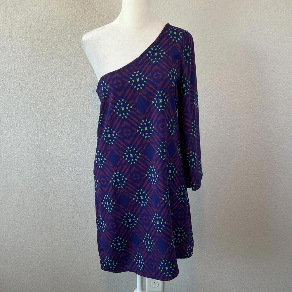 Newbury Kustom Asymmetrical One Sleeve Purple Print Dress Size Small